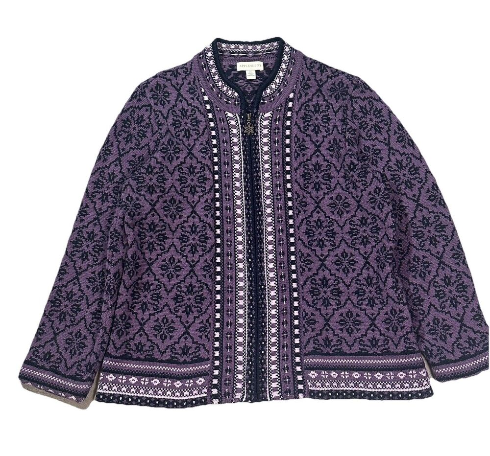 Appleseed's Women XL Fair Isle Wool Blend Cardigan Snowflake Zip Up Sweater
